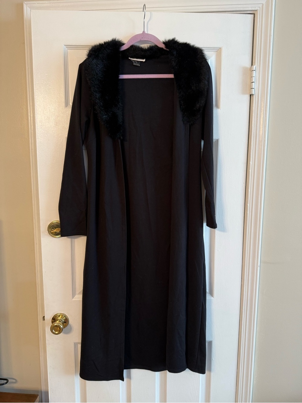 Indications Black Faux-Fur Trim Long Open Cardigan  - Women's